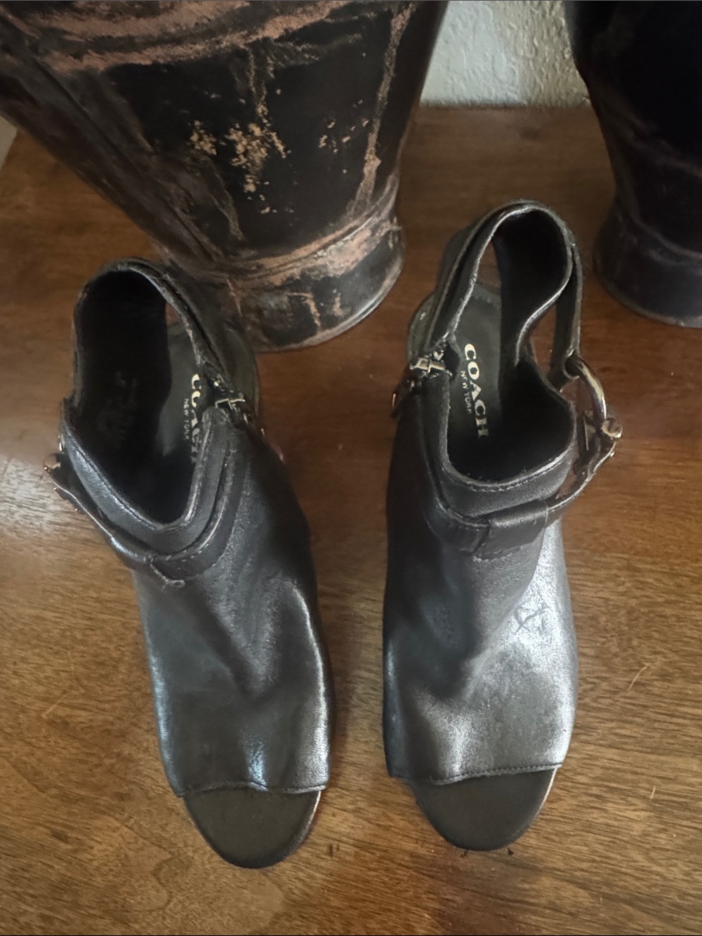 Coach Black Leather Open-Toe Mules with Ankle Strap